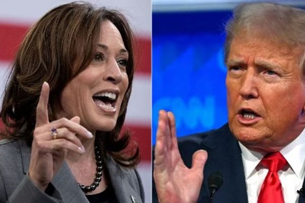 Kamala Harris s'exprime le 26 mars 2024 à Raleigh, en Caroline du Nord, tandis que Donald Trump prend la parole à Atlanta, en Géorgie (Etats-Unis), le 27 juin 2024.