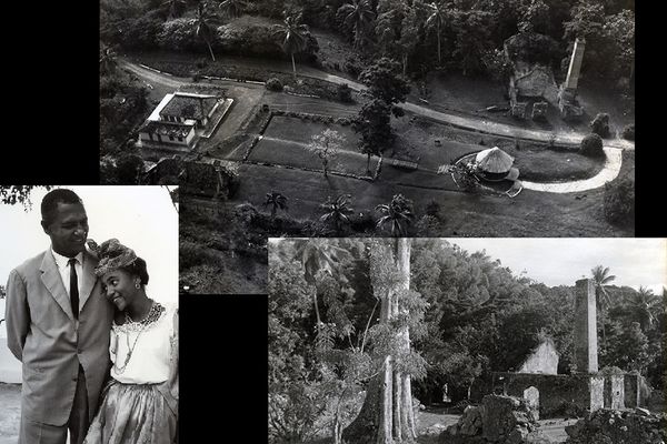 Photo aérienne du domaine de la Pagerie, Robert Rose-Rosette et sa fille Françoise, les ruines de l'usine sucrière