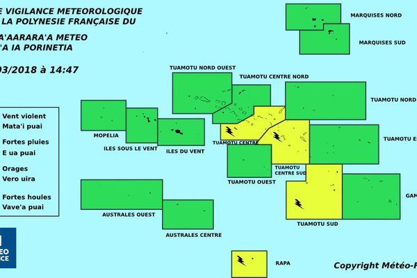 Risques d'orages sur une partie des Tuamotu et à Rapa